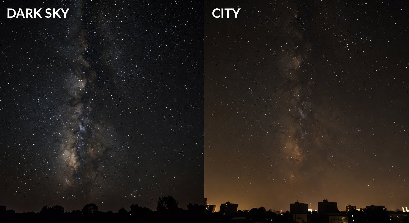 Dark sky vs city light pollution comparison showing how light pollution affects planet visibility for stargazing