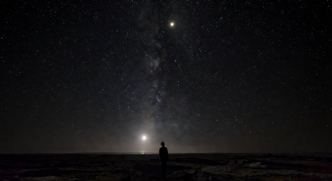 Person silhouetted against a night sky with visible planets and the Milky Way - how to recognize planets with the naked eye